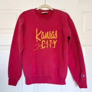 Women’s Champion Kansas City Crewneck Sweatshirt — Red w Gold Writing — Size S